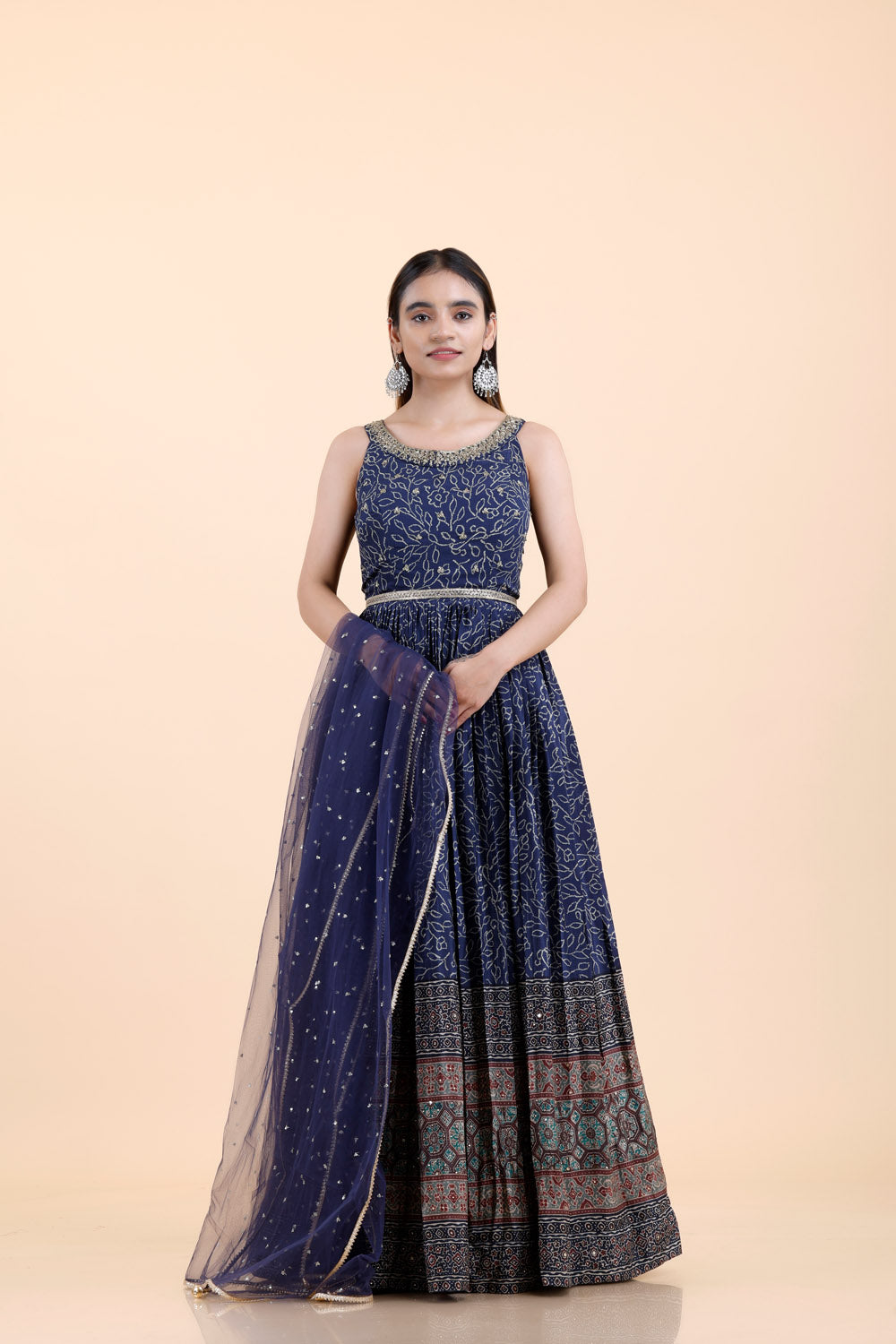 Navy Blue Embroidery Bandhani Silk Dress