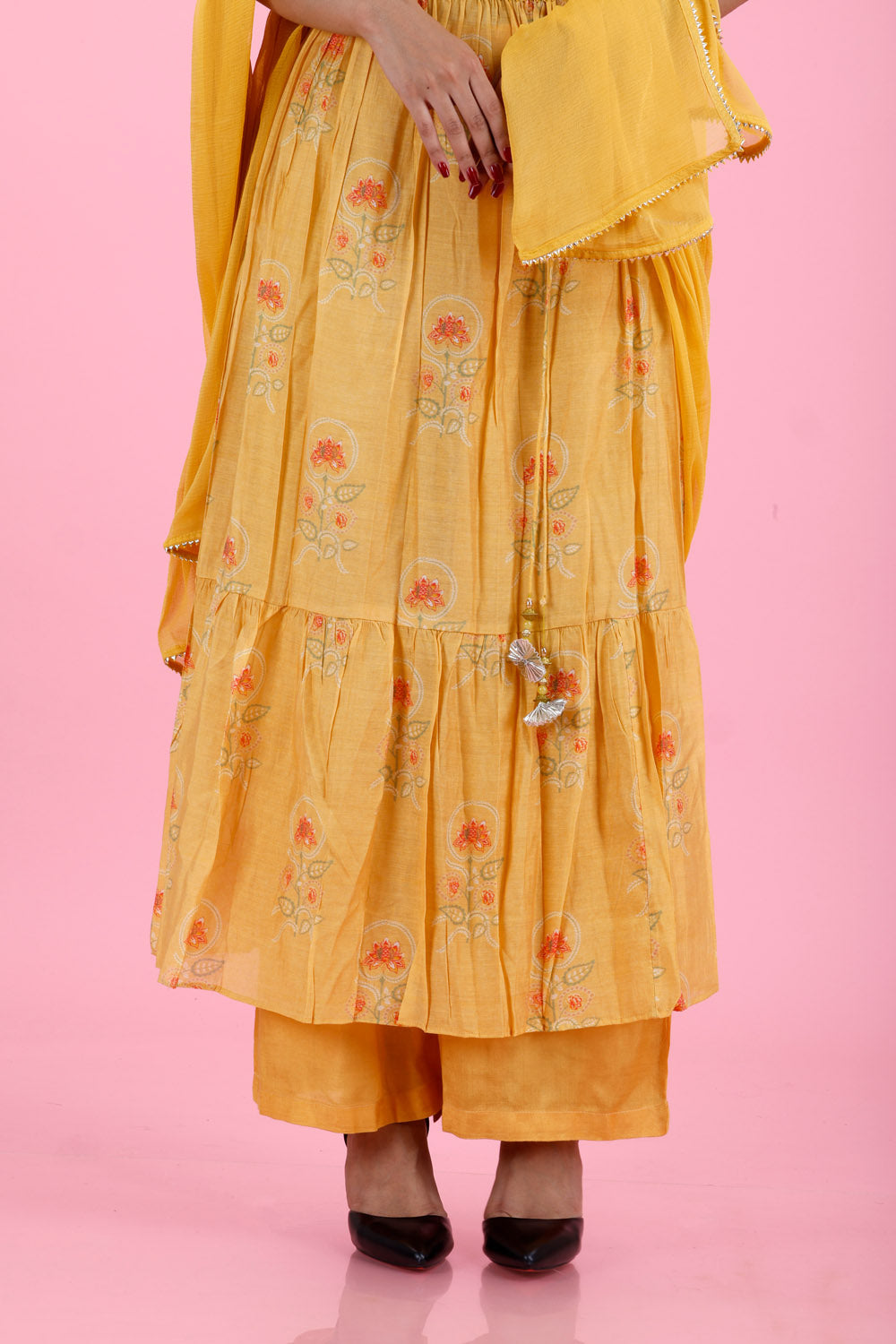 Pastel Yellow Printed Cotton Dress With Mirror Embroidery
