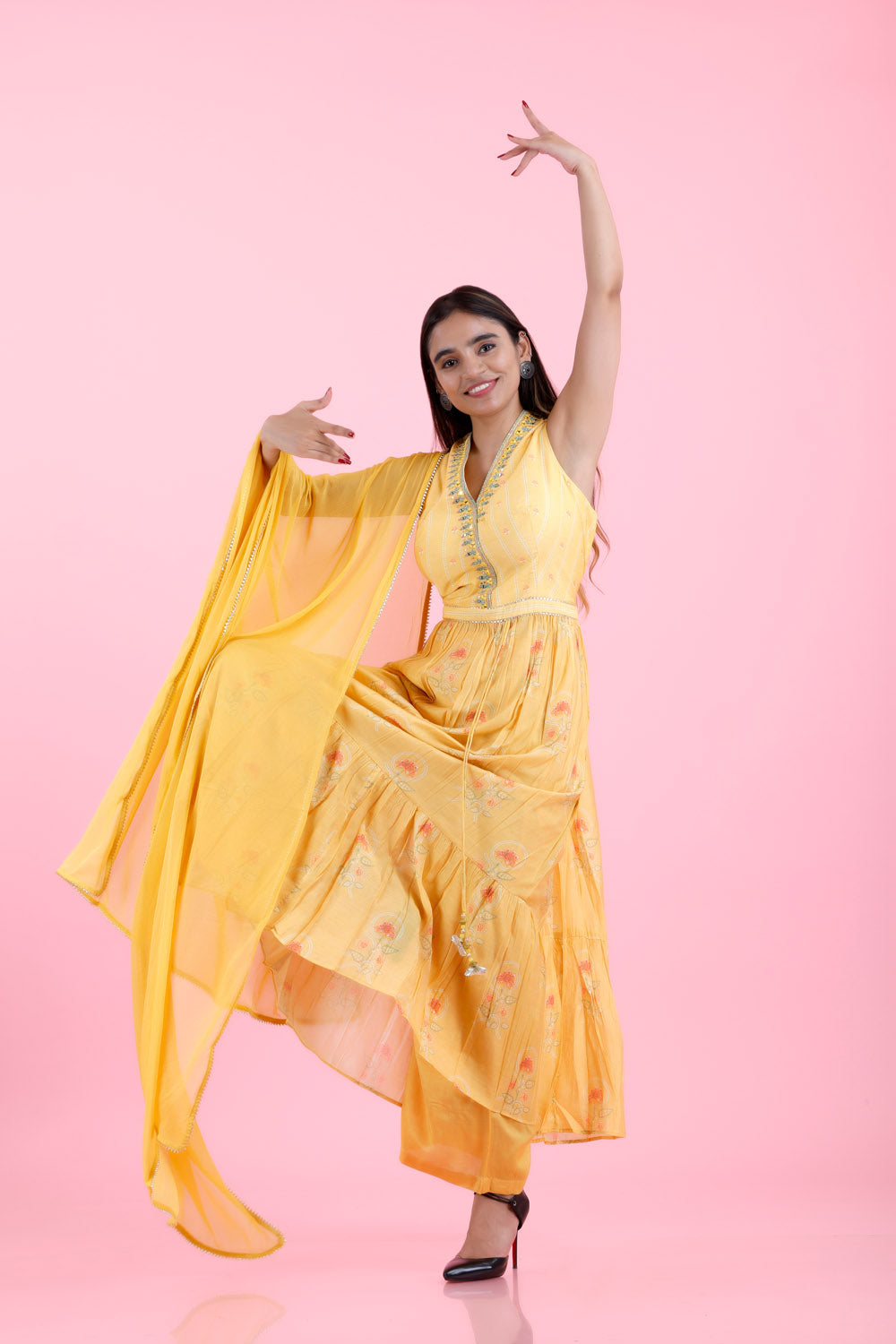 Pastel Yellow Printed Cotton Dress With Mirror Embroidery