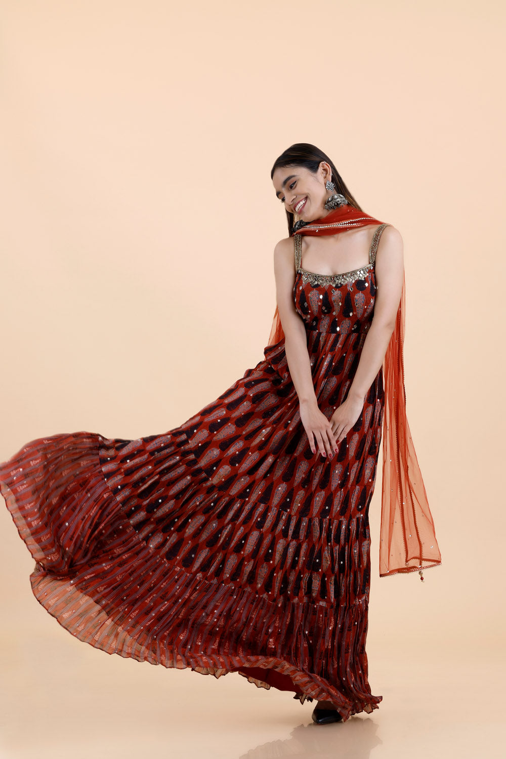 Brick Red Cotton Ajrak Dress With Mirror Embroidery