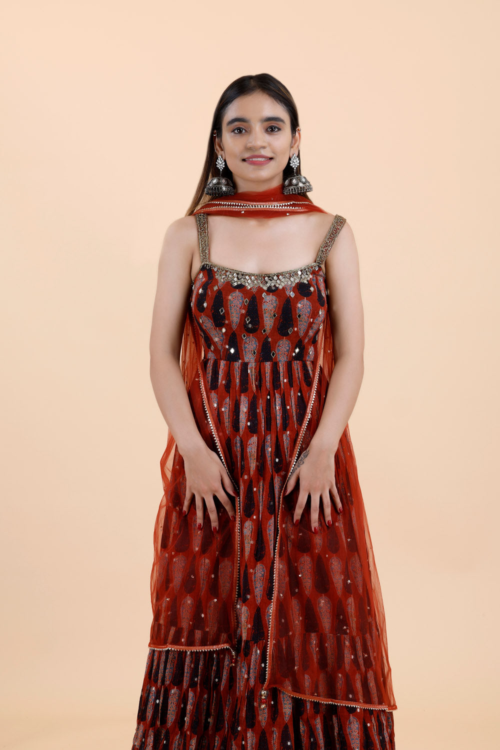Brick Red Cotton Ajrak Dress With Mirror Embroidery