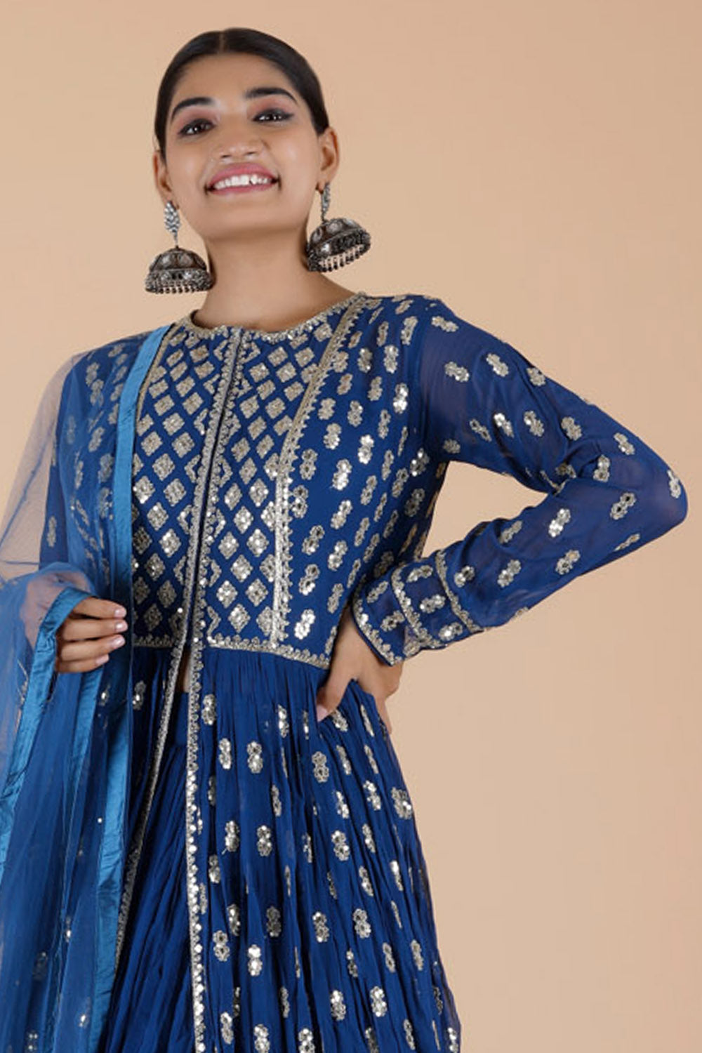 Bright Blue Silk Lehenga Set Georgette With Embroidery
