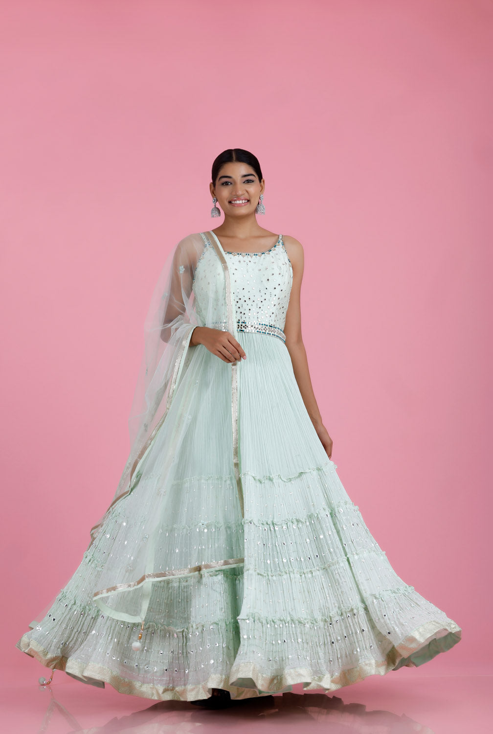 Pastel Blue Georgette Long Gown With Embroidery