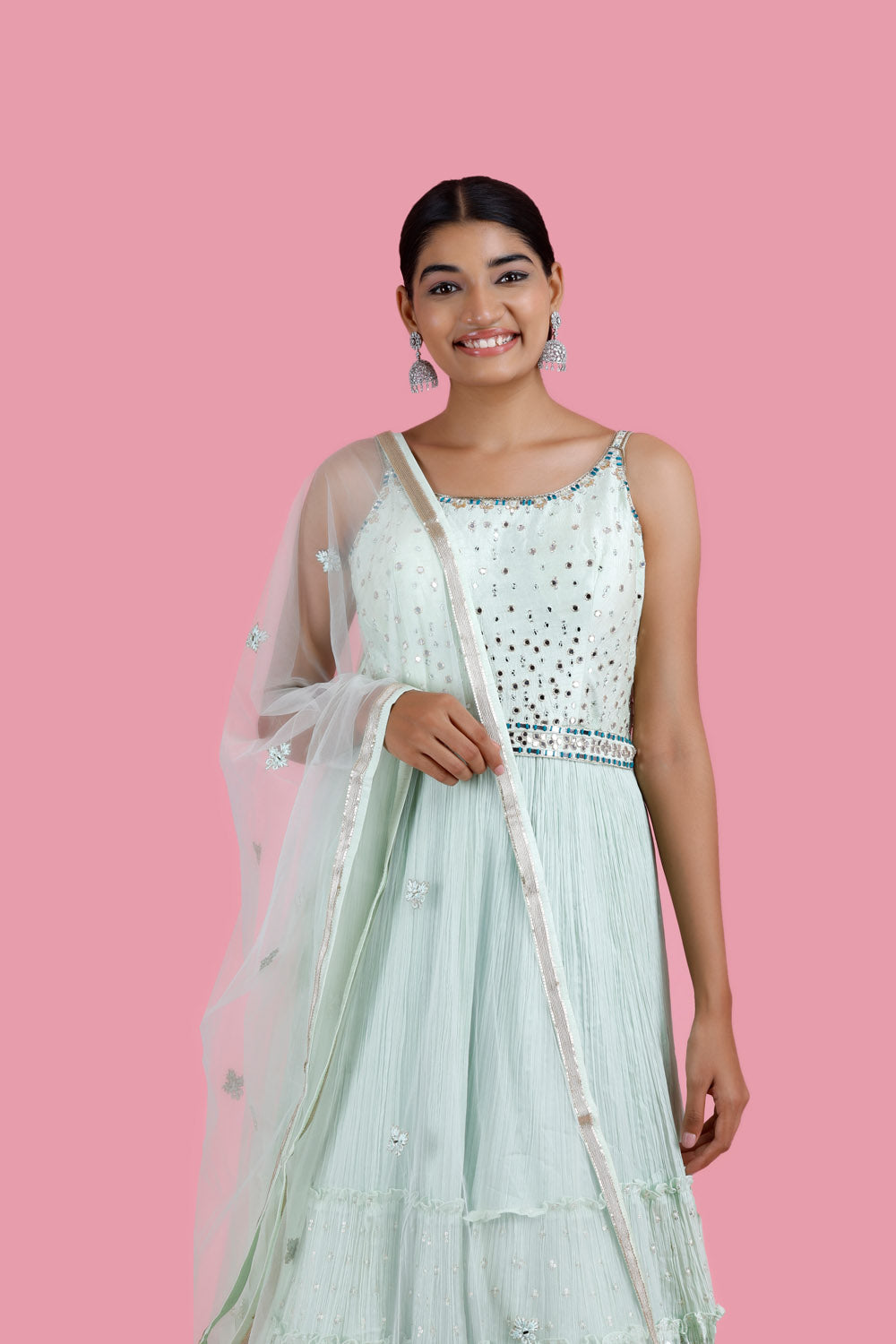 Pastel Blue Georgette Long Gown With Embroidery