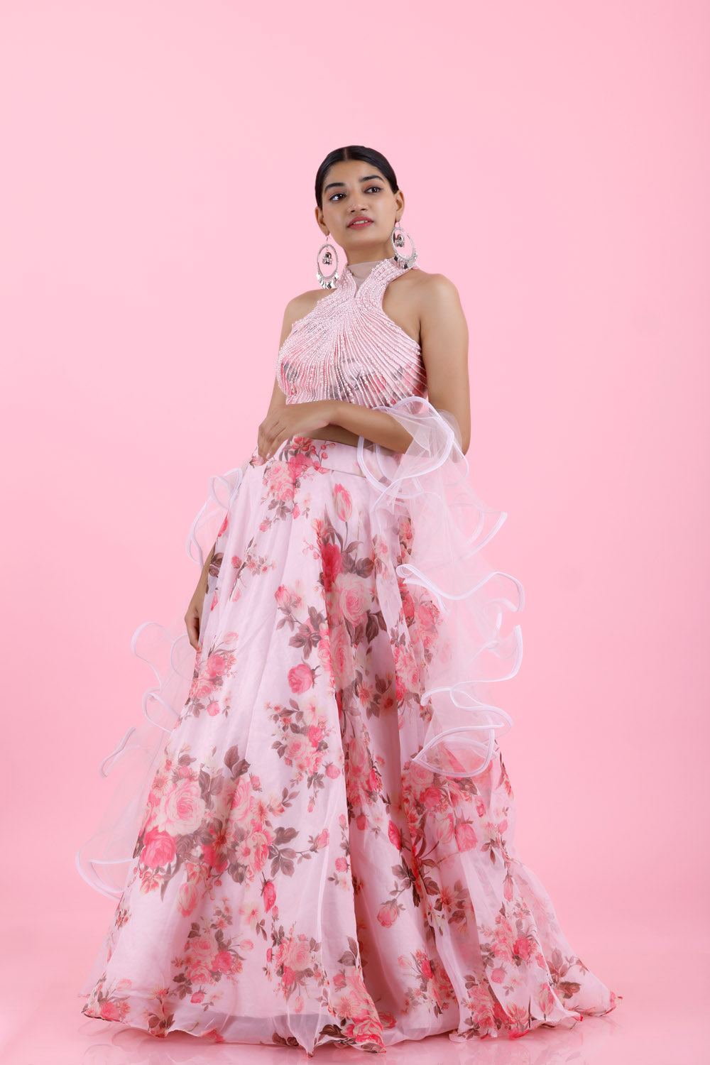 Pastel Baby Pink Printed Organza Lehenga Set With Pearl Embroidery