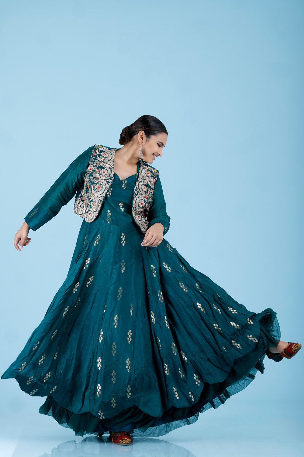 Deep Teal Embroidered Silk Gown