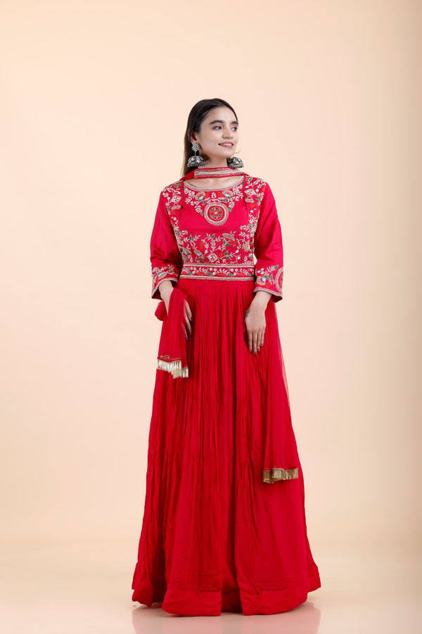 Hot Pink Georgette Gown With Floral Embroidery