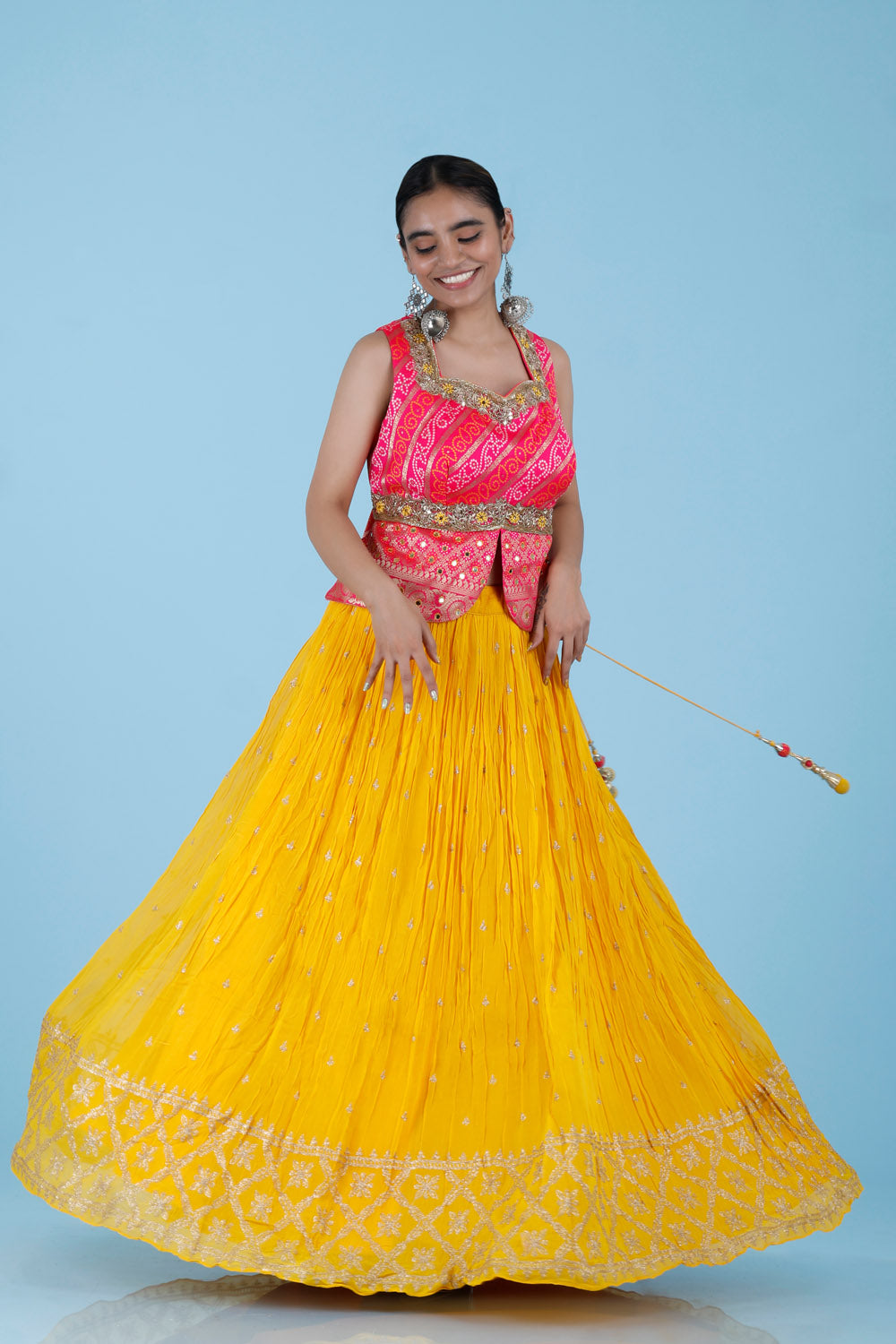 Bright Yellow Embroidered Georgette Lehenga