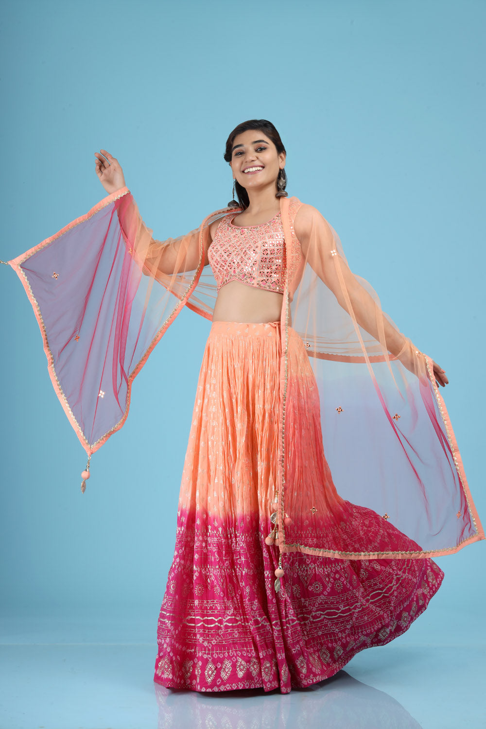 Coral Peach Georgette Lehenga with Mirror Embroidery