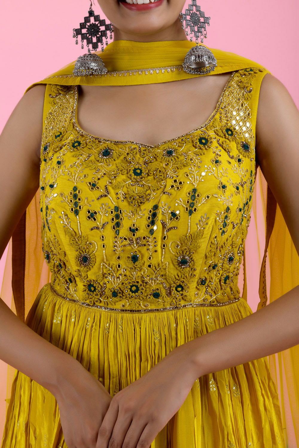 Yellow Teal Ombre Embroidered Georgette Dress