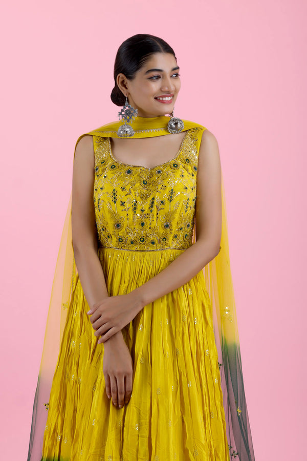 Yellow Teal Ombre Embroidered Georgette Dress