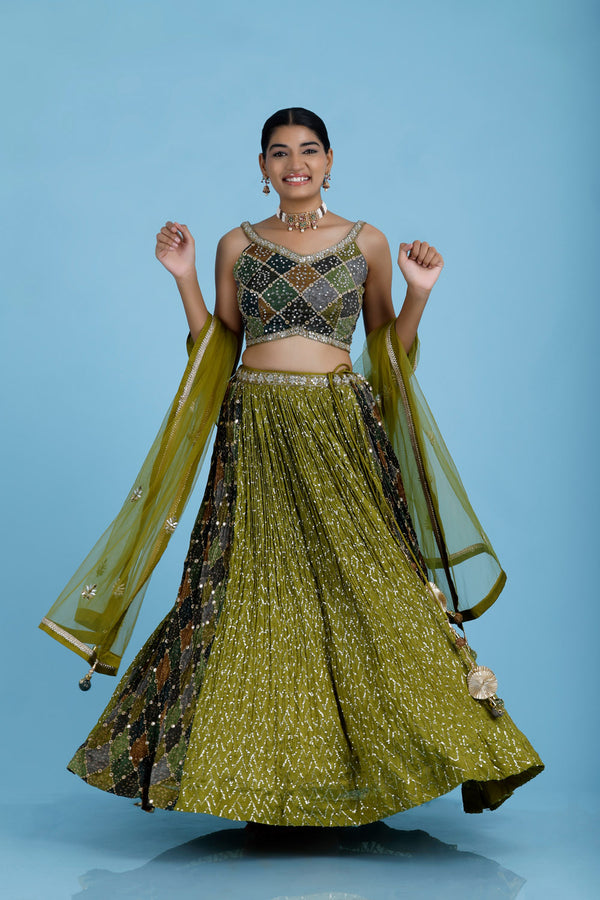 Earthy Green Georgette Lehenga Set With Embroidery