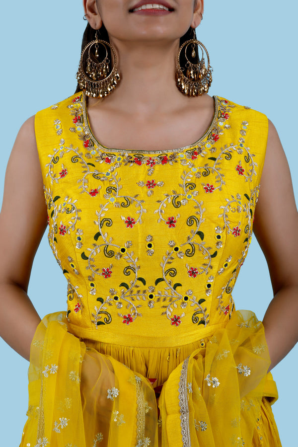 Mango Yellow Georgette Dress With Mirror Embroidery