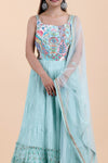 Sky Blue Floral Embroidered Georgette Dress With Floral Printed Motifs