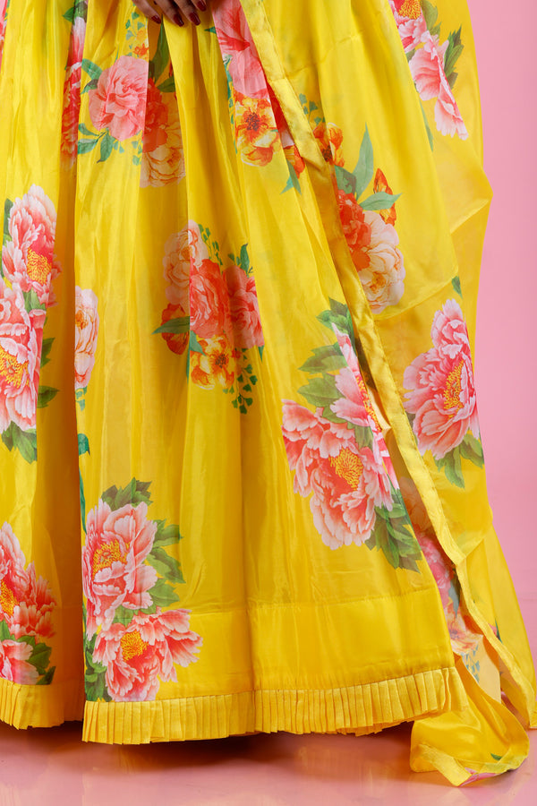 Bright Yellow Floral Printed Silk Lehenga Set