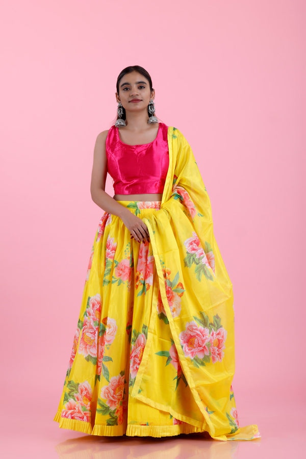 Bright Yellow Floral Printed Silk Lehenga Set