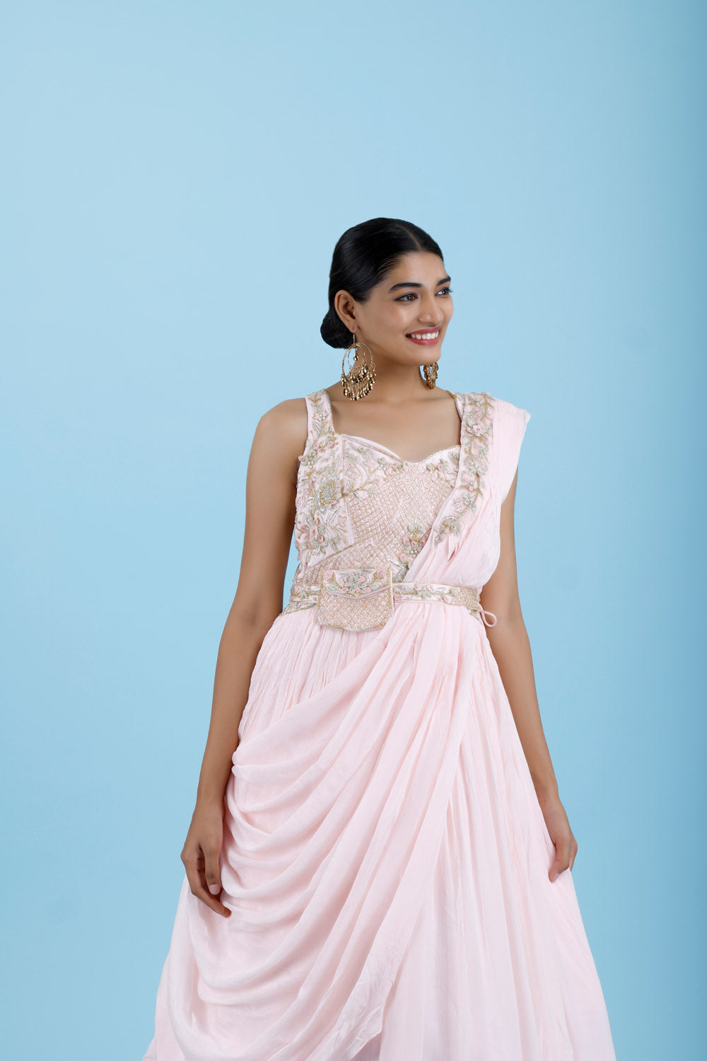 Pastel Pink Floral Embroidered Georgette Gown