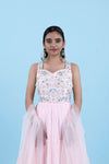 Pastel Pink Floral Embroidered Georgette Gown With Floral Printed Motifs