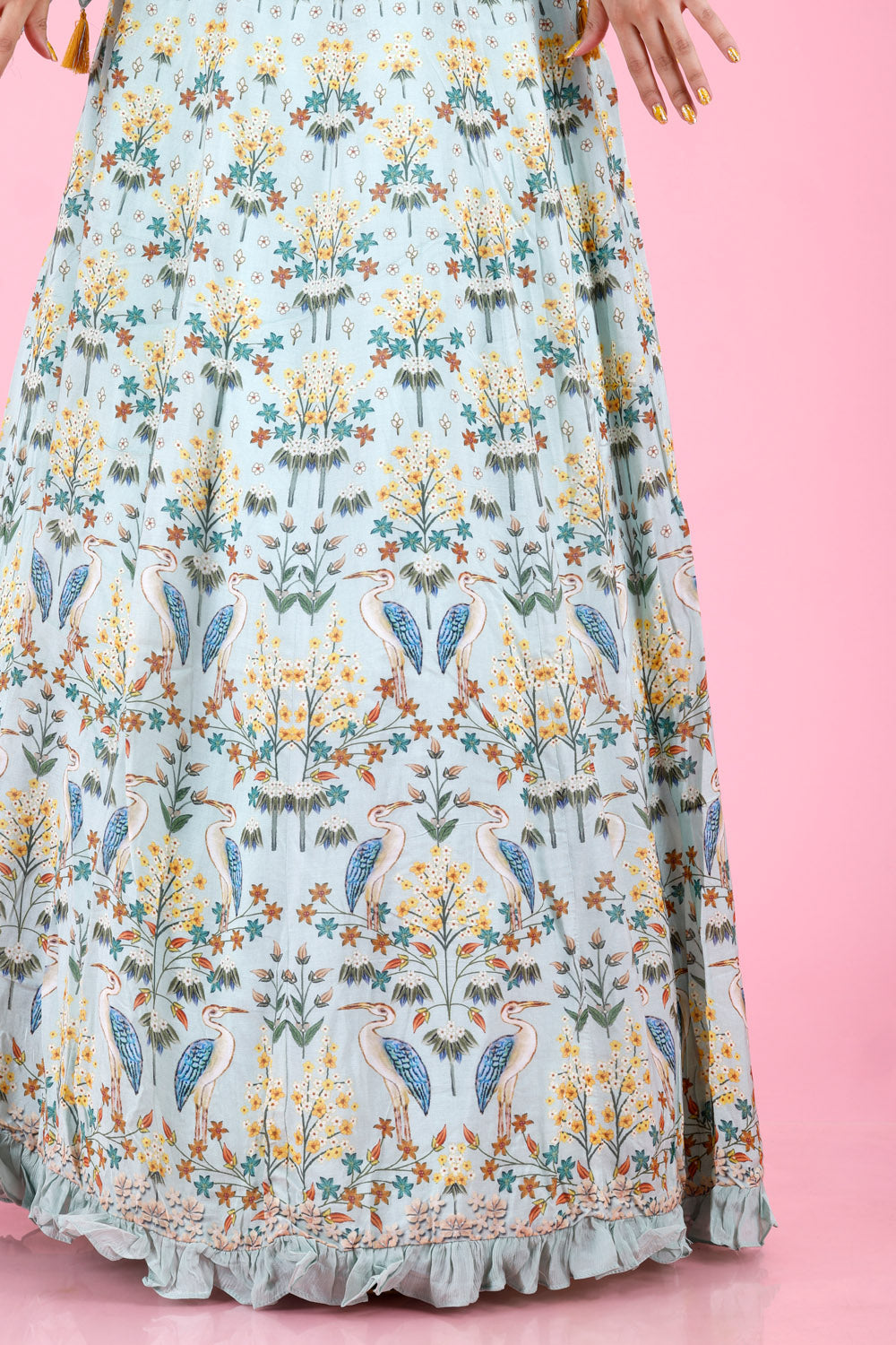 Pastel Blue Floral Printed Silk Gown