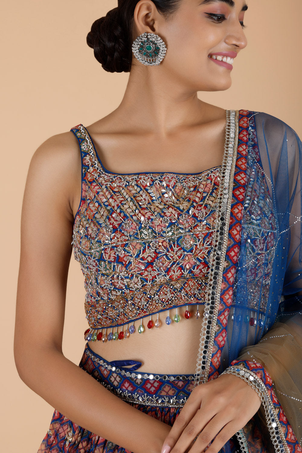 Blue Georgette Printed Lehenga Set With Embroidered Blouse
