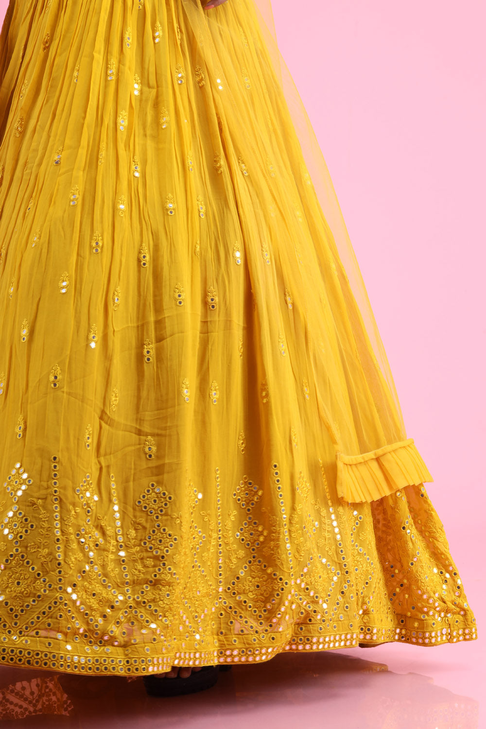 Bright Yellow Georgette Lehenga with Mirror Embroidery