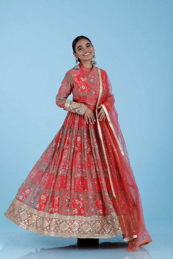 Imperial Red Printed Georgette Gown