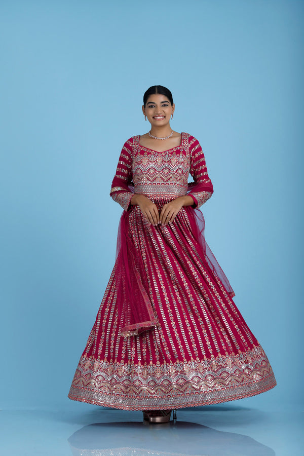 Ruby Pink Georgette Long Gown With Embroidery