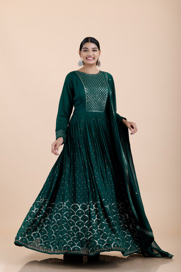 Dark Teal Embroidery Georgette Gown