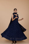 Dark Blue Georgette Long Gown With Embroidery