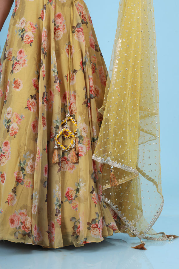 Citrine Yellow Embroidered Organza Lehenga Saree with Floral Printed Motifs
