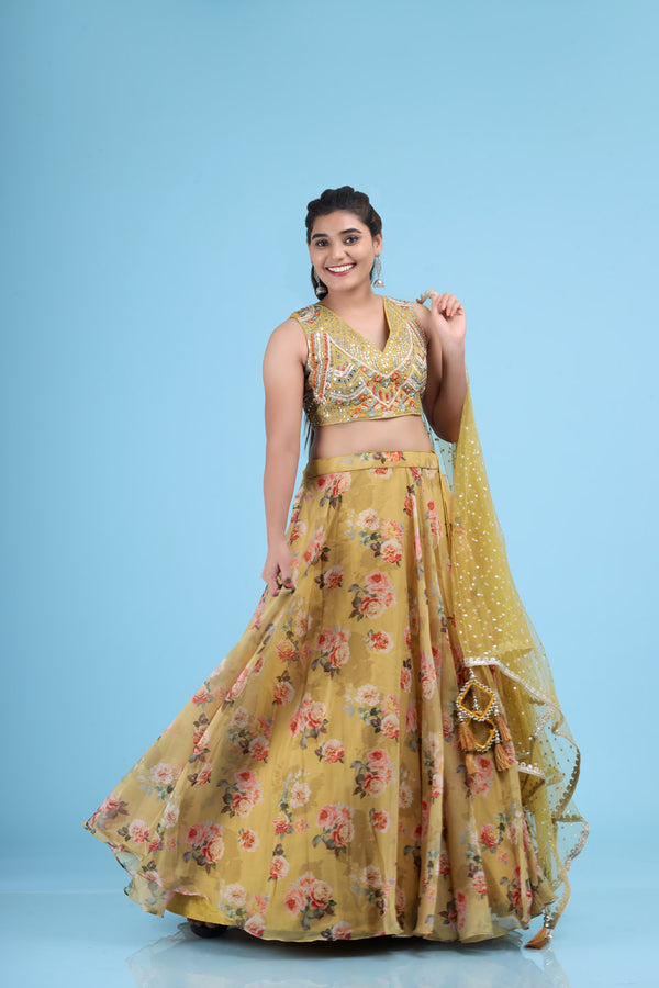 Citrine Yellow Embroidered Organza Lehenga Saree with Floral Printed Motifs