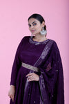 Dark Purple Georgette Gown With Mirror Embroidery