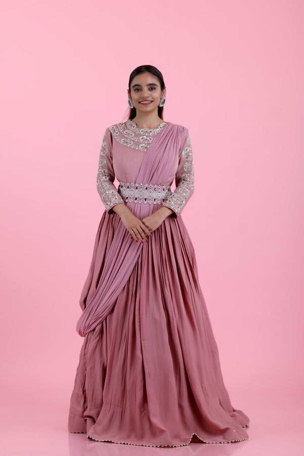 Buy Custom Made Pink Color One Shoulder Gown With Attached Dupatta and  Embroided Belt Customize Indo Western Outfit From Craversvogue Online in  India - Etsy