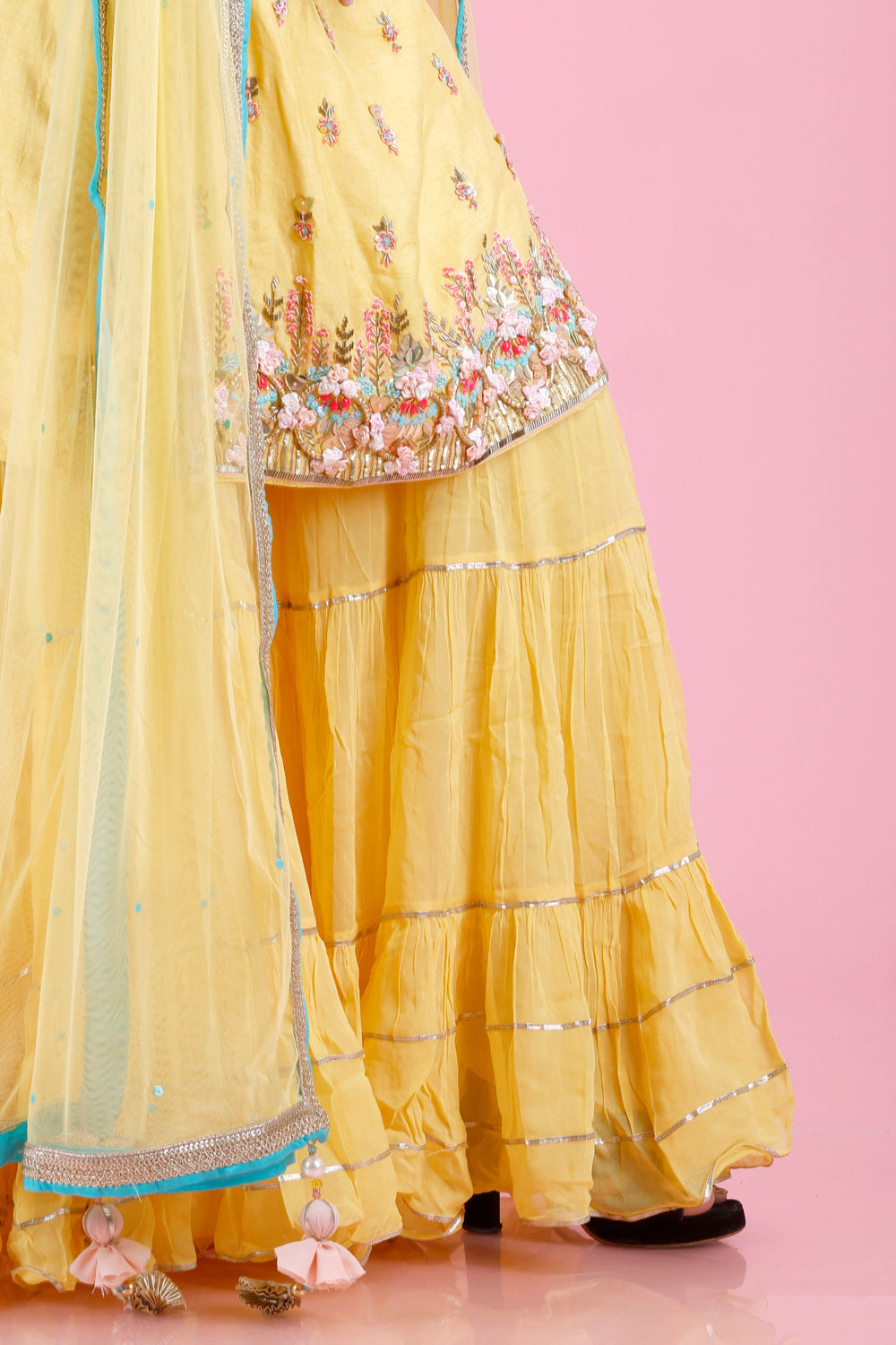 Pastel Yellow Embroidered Georgette Sharara Set