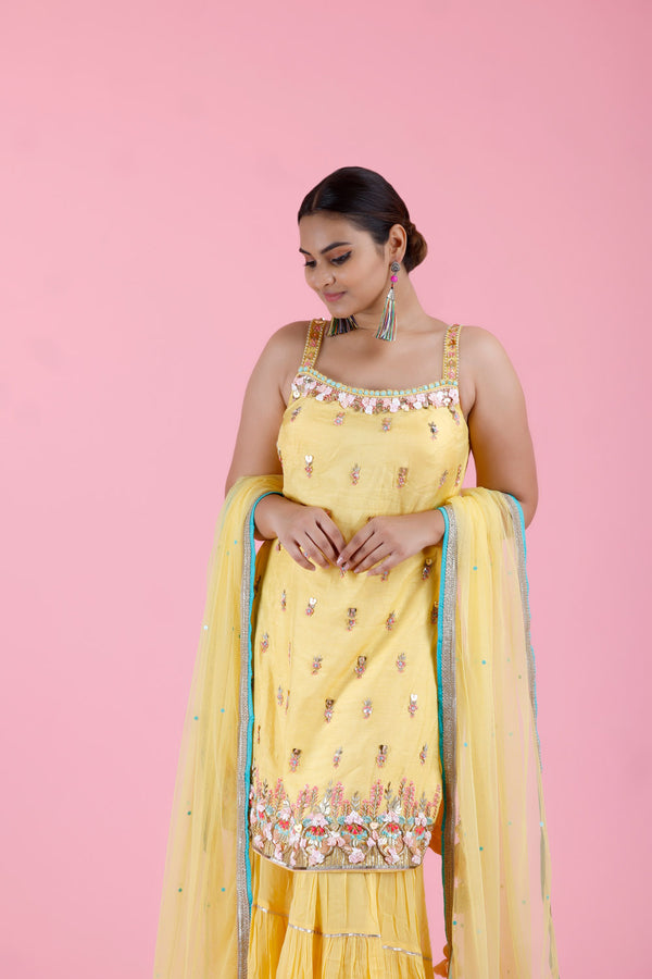 Pastel Yellow Embroidered Georgette Sharara Set