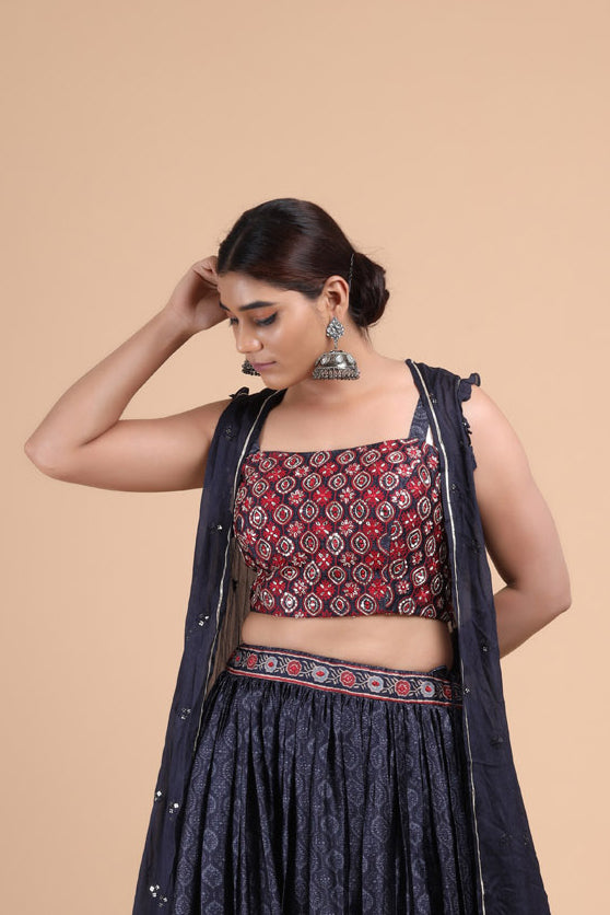 Black Satin lehenga with Floral Embroidery