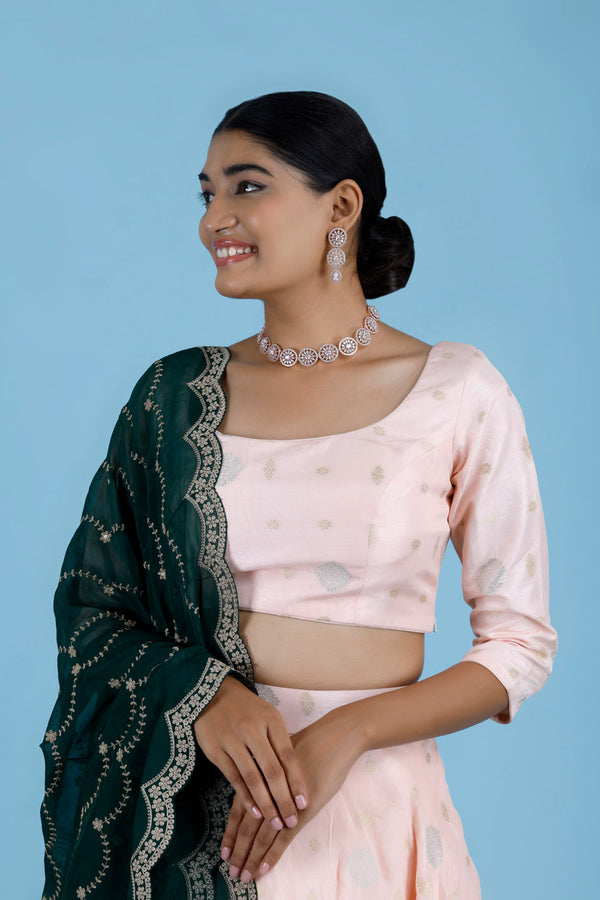 Pastel Pink Silk Banarasi Lehenga Set With Contrast Dupatta