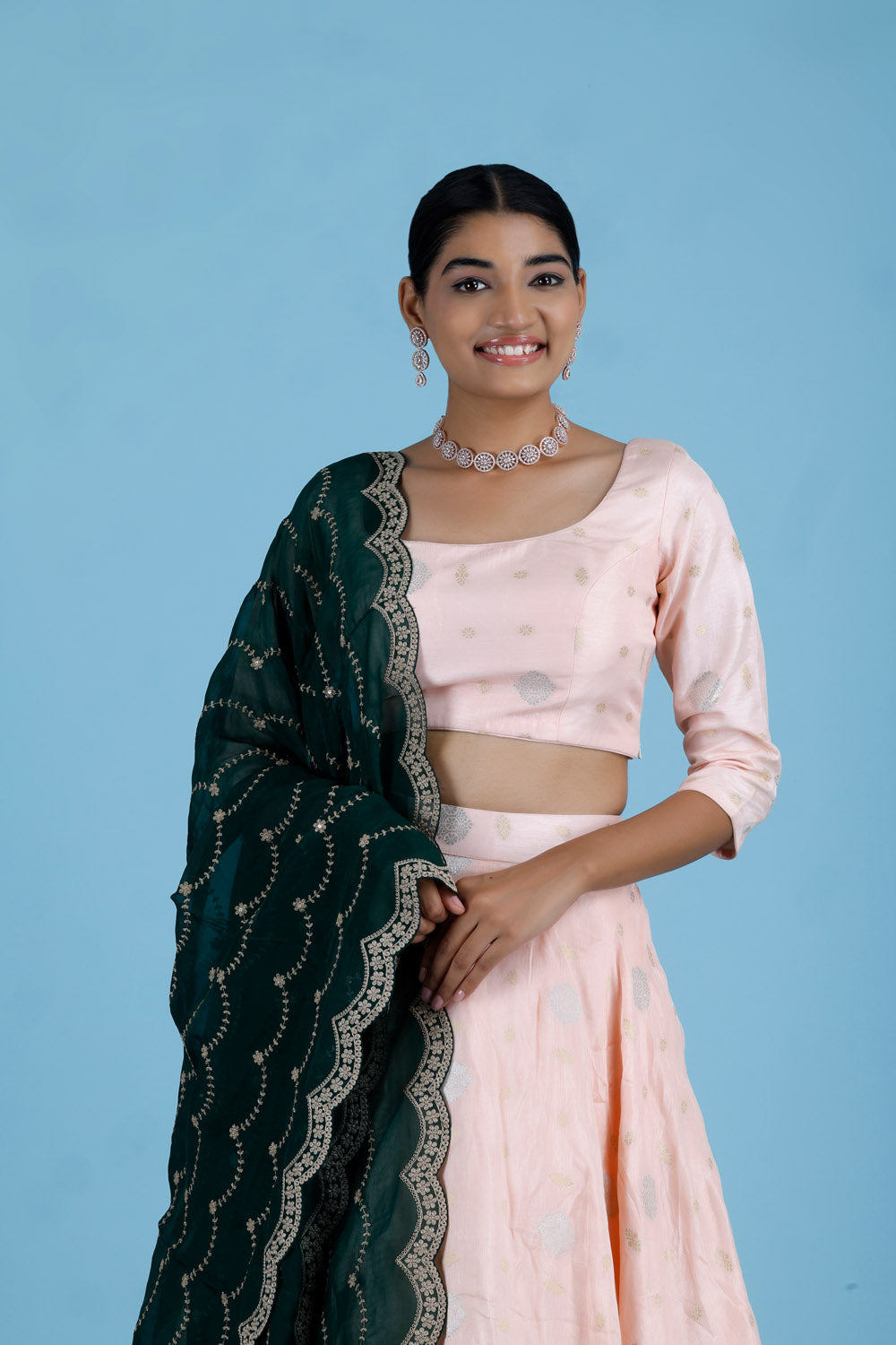 Pastel Pink Silk Banarasi Lehenga Set With Contrast Dupatta