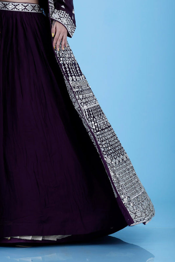 Dark Plum Purple Embroidered Georgette Lehenga