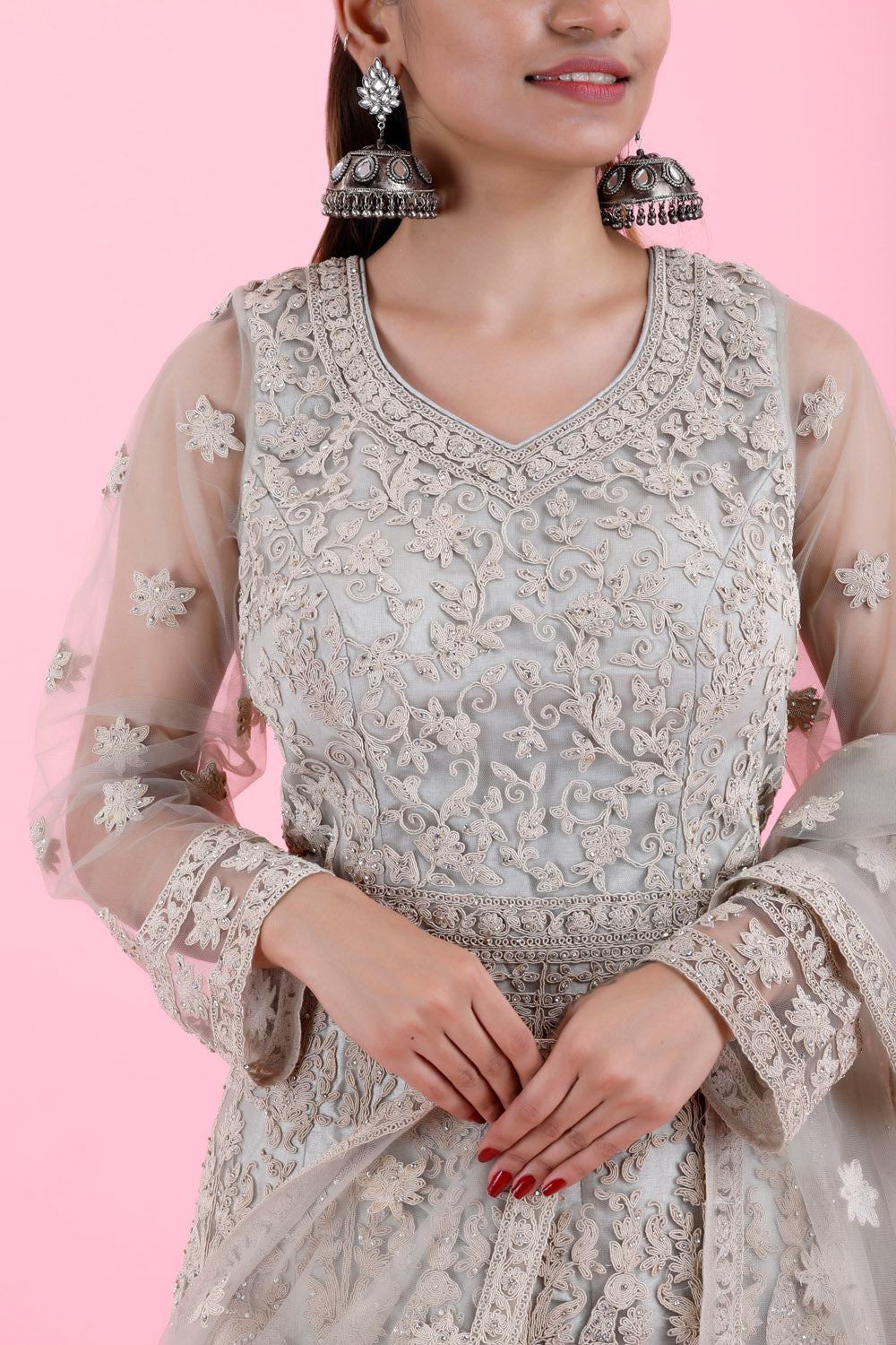 Pastel Grey Net Gown With Floral Embroidery