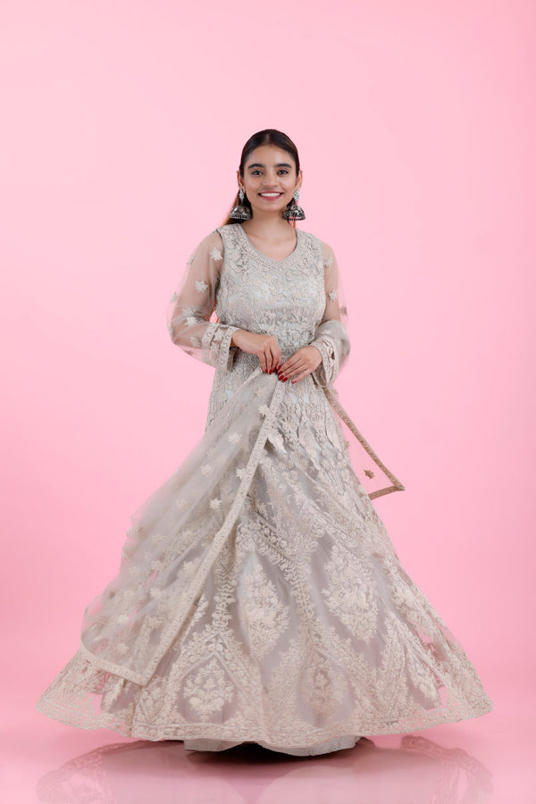 Pastel Grey Net Gown With Floral Embroidery