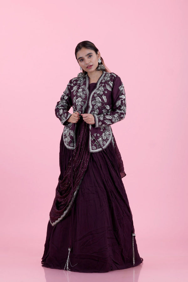 Plum Purple Georgette Dress With Embroidered Overcoat
