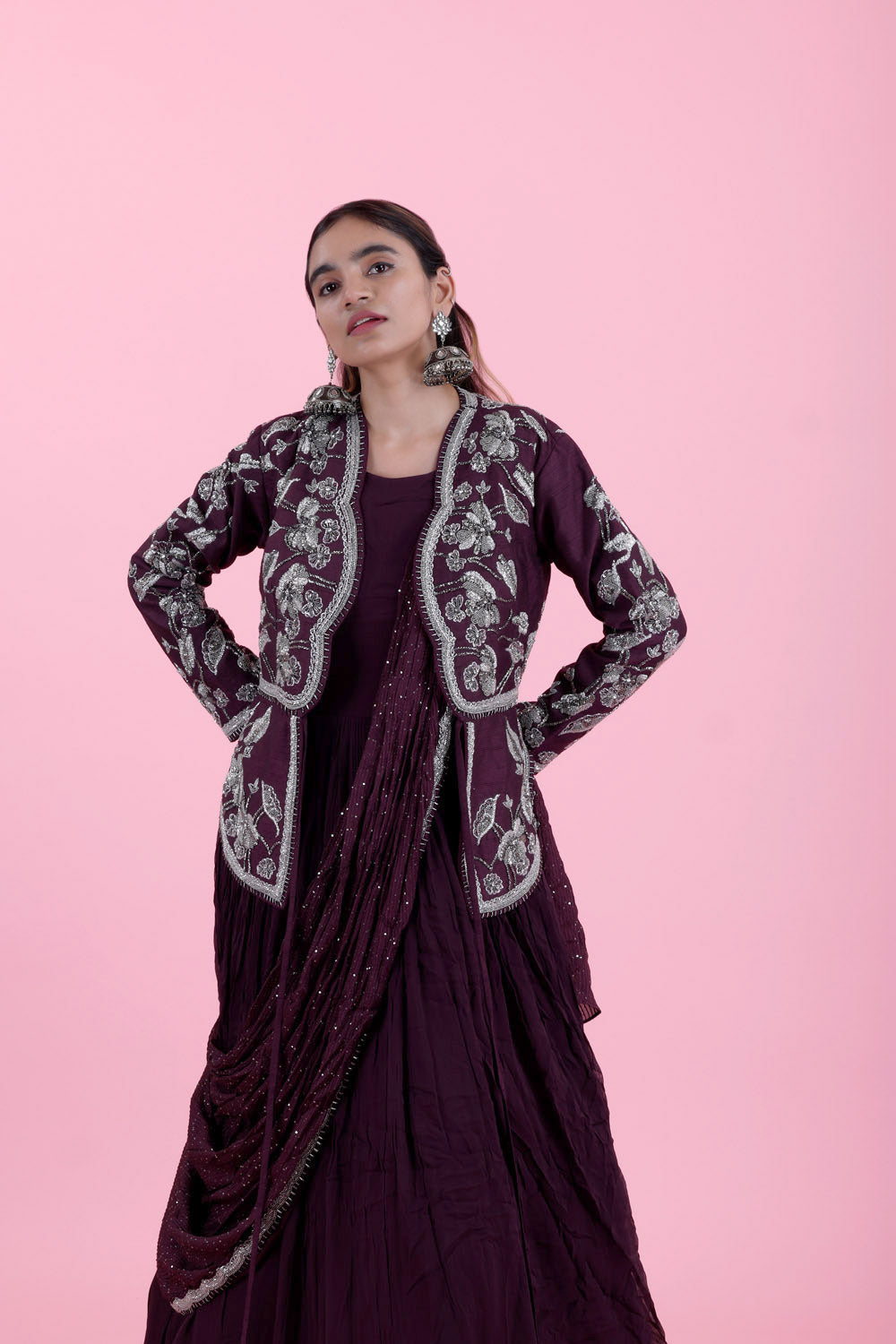 Plum Purple Georgette Dress With Embroidered Overcoat