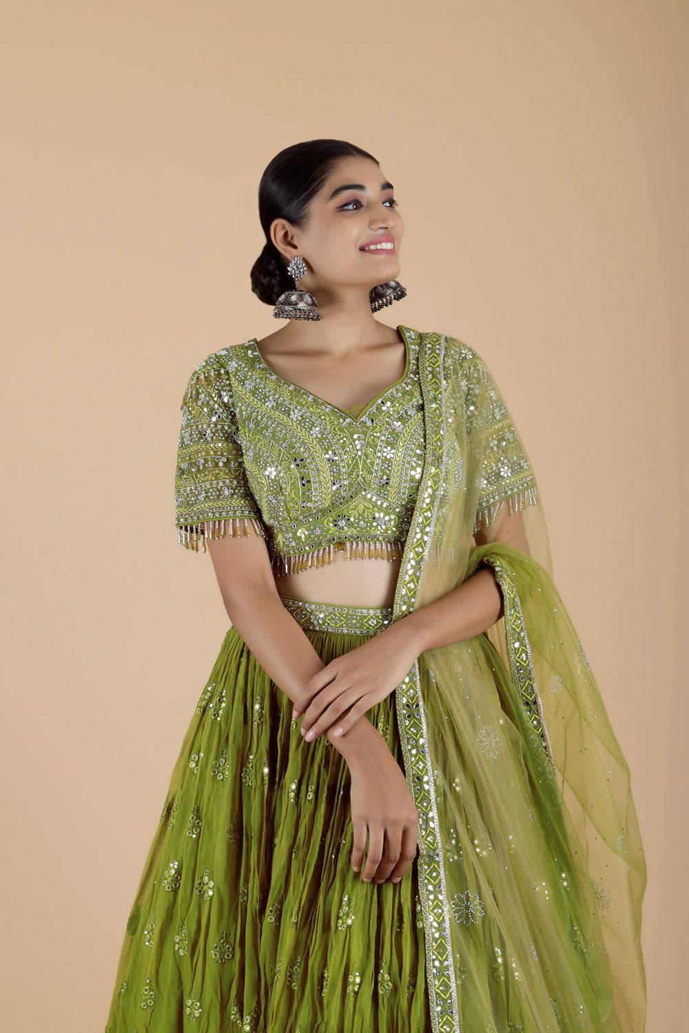 Earthy Green Georgette Lehenga Set With Embroidery
