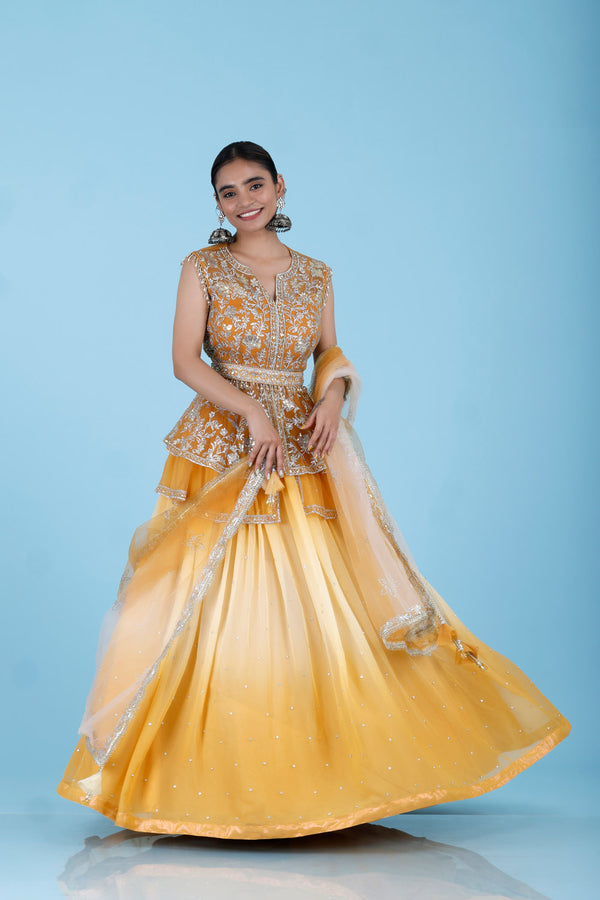 Yellow Ombre Embroidered Georgette Lehenga