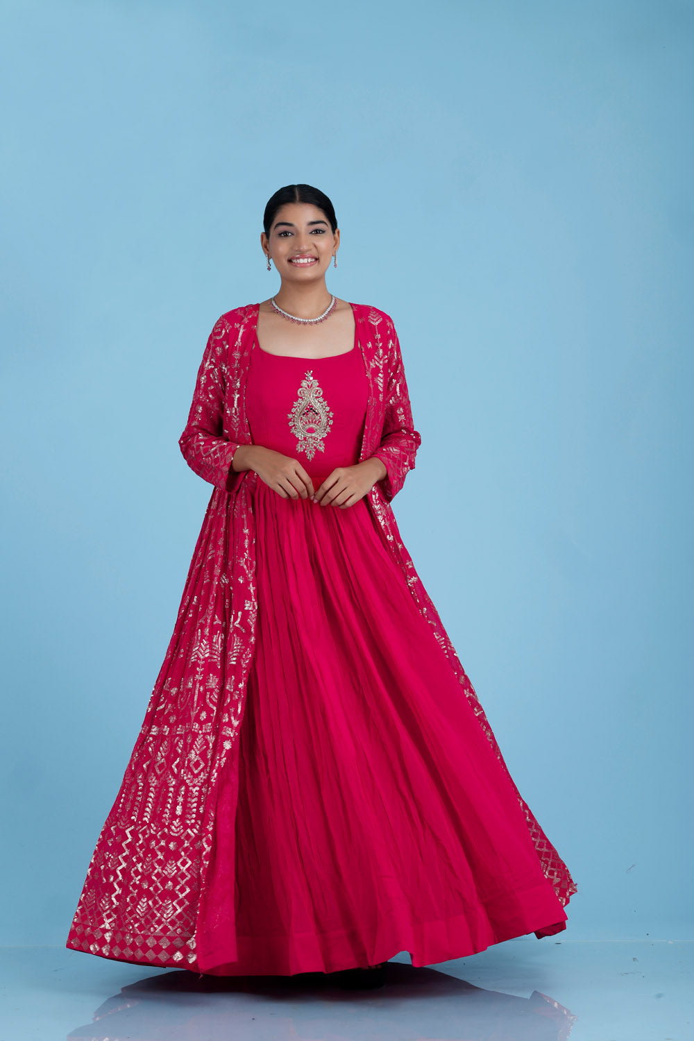 Dark Pink Georgette Long Gown With Embroidery