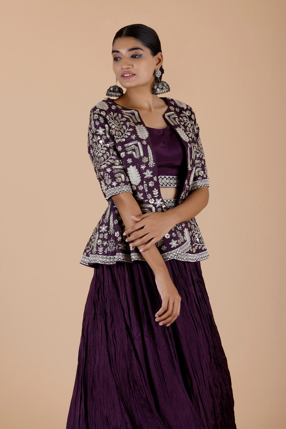 Dark Plum Purple Georgette Lehenga Set With Embroidery