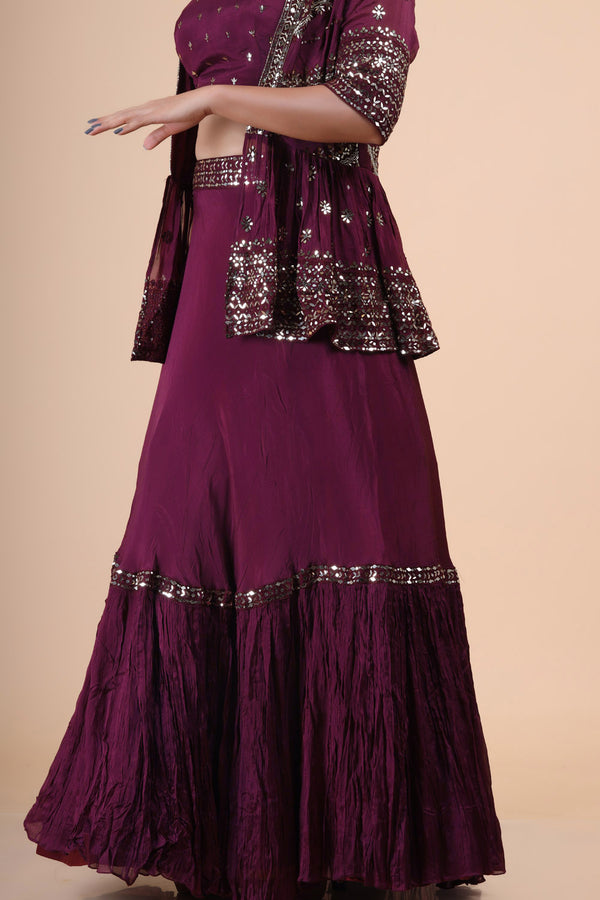 Plum Purple Embroidered Silk Lehenga