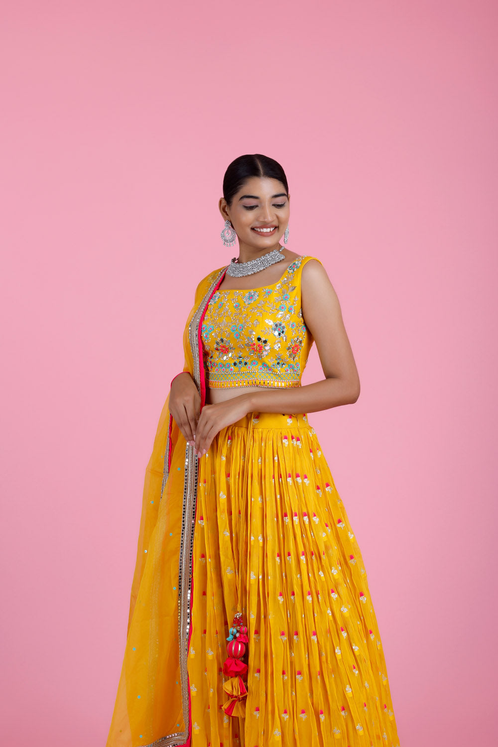Bright Yellow Georgette Lehenga Set With Embroidered Blouse