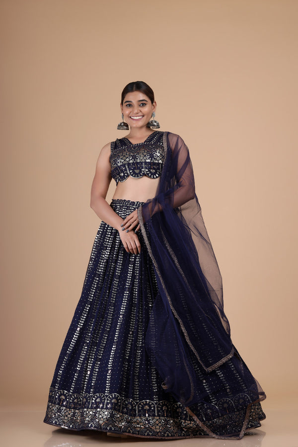 Navy Blue Georgette Lehenga With Sequin Embroidery